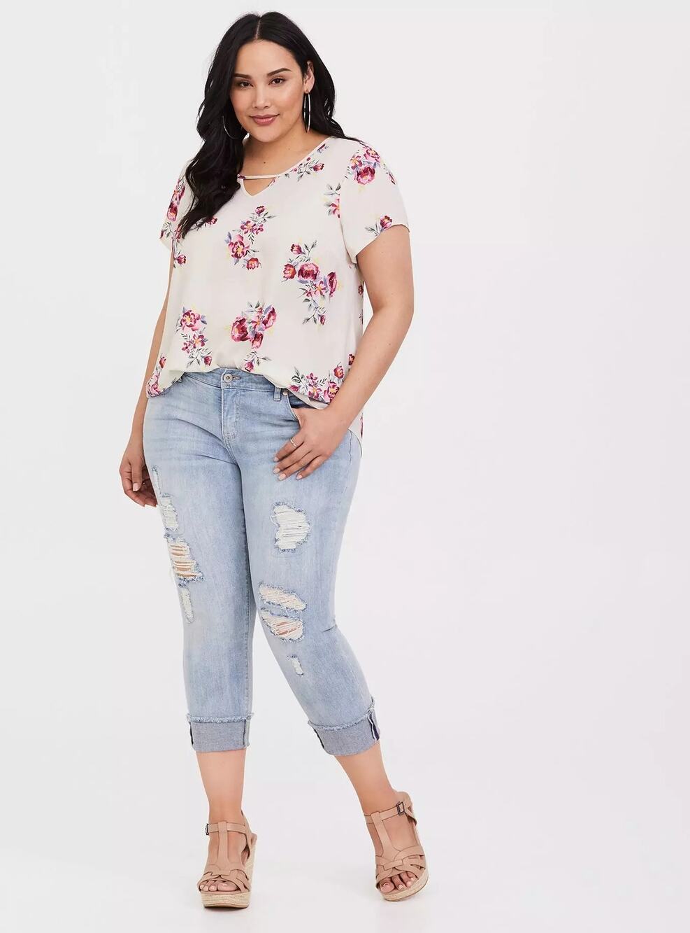 Torrid Floral Print Georgette Keyhole Blouse White Pullover Short Sleeve Sz 2X